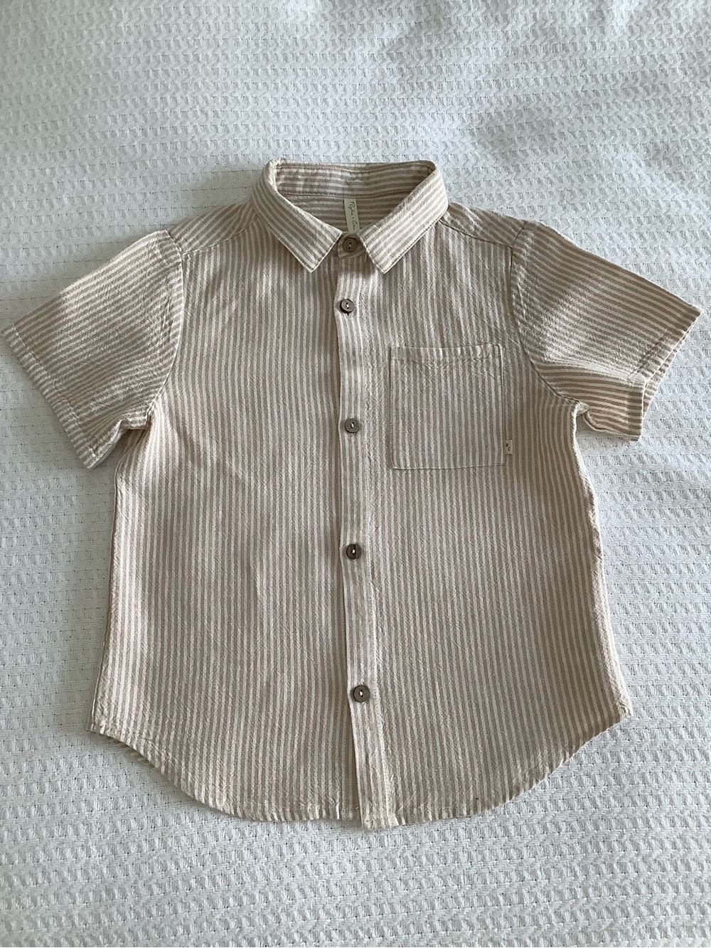 Rylee + Cru Beige and Cream Striped Short-Sleeve Button-Down Shirt